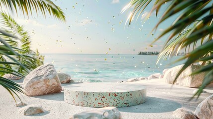 Rendering of summer beach scene with terrazzo podium for product display.