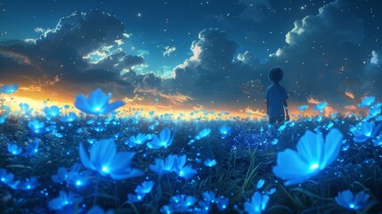 Night scenery of a boy running on a blue field with glowing petal flowers, an illustration painting in digital art style