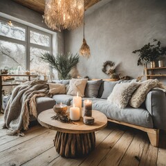living room with a sofa.An inviting living room interior in a modern boho apartment, showcasing a comfortable light gray sofa layered with soft blankets and throw pillows. A rustic wooden table adorne - obrazy, fototapety, plakaty