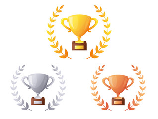Cartoon golden silver bronze metallic trophy cup set with laurel wreath isolated vector illustration