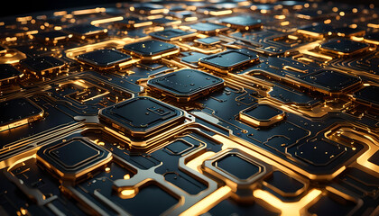 Technik Hintergrund Vorlage für technische Daten Analyse Überwachung Computer Chip Design Makro Prozessor Hardware Mikrochip Leiter Bauteile Platine hoch modern schwarz gold leuchtend fließende Ströme - obrazy, fototapety, plakaty