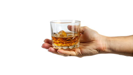Hand holding glasses of whiskey, brandy, and cognac with ice cubes