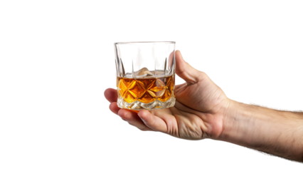 Hand holding glasses of whiskey, brandy, and cognac with ice cubes