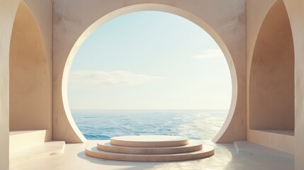 Fototapeta na wymiar In natural daylight, a summer scene with geometric shapes, an arch with a podium, and a sea view. Background rendered in 3D.