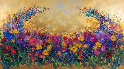 Vibrant Wildflower Meadow Oil Painting on Golden Canvas.