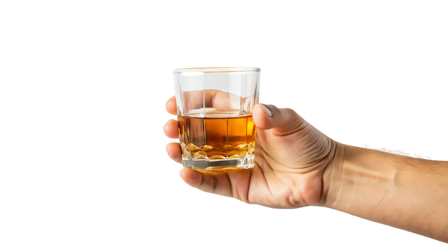 Hand holding glasses of whiskey, brandy, and cognac with ice cubes - Powered by Adobe