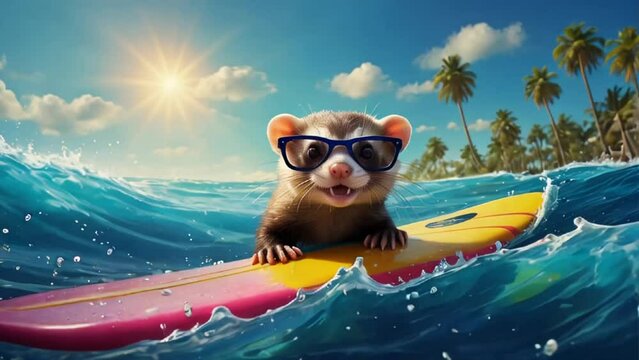 cute ferret rides on a surfboard