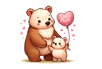 Obraz na płótnie Canvas Adorable Mother and Cub Bear with a Love Heart Balloon in a Whimsical Illustration.