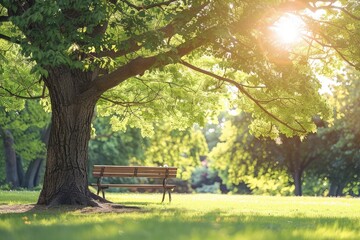 A sunny park with wooden bench under large trees in the background