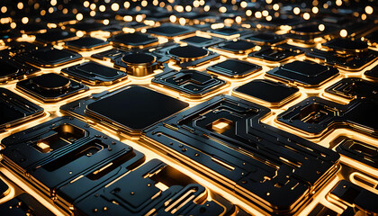 Technik Hintergrund Vorlage für technische Daten Analyse Überwachung Computer Chip Design Makro Prozessor Hardware Mikrochip Leiter Bauteile Platine hoch modern schwarz gold leuchtend fließende Ströme - obrazy, fototapety, plakaty
