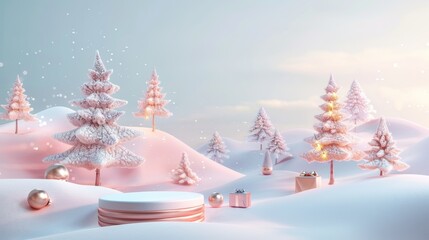 Winter Christmas landscape background with product stand. 3D rendering.