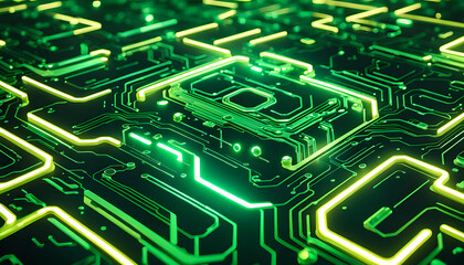 Technik Hintergrund Vorlage für technische Daten Analyse Überwachung Computer Chip Design Makro Prozessor Hardware Mikrochip Leiter Bauteile Platine hoch modern in grün gelb leuchtend fließende Ströme - obrazy, fototapety, plakaty