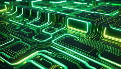 Technik Hintergrund Vorlage für technische Daten Analyse Überwachung Computer Chip Design Makro Prozessor Hardware Mikrochip Leiter Bauteile Platine hoch modern in grün leuchtend fließende Ströme - obrazy, fototapety, plakaty
