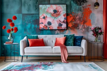 A cozy living room with a marbled effect background and vibrant color textured accents, styled with comfortable furniture and plush sofas, all set against a warm and inviting texture.