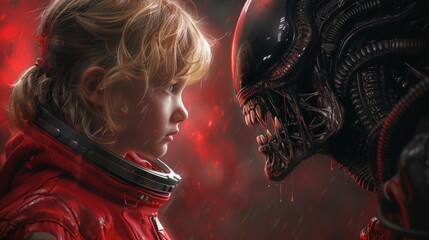 A boy in a red space suit faces a menacing alien humanoid creature; the background has a red to black gradient;