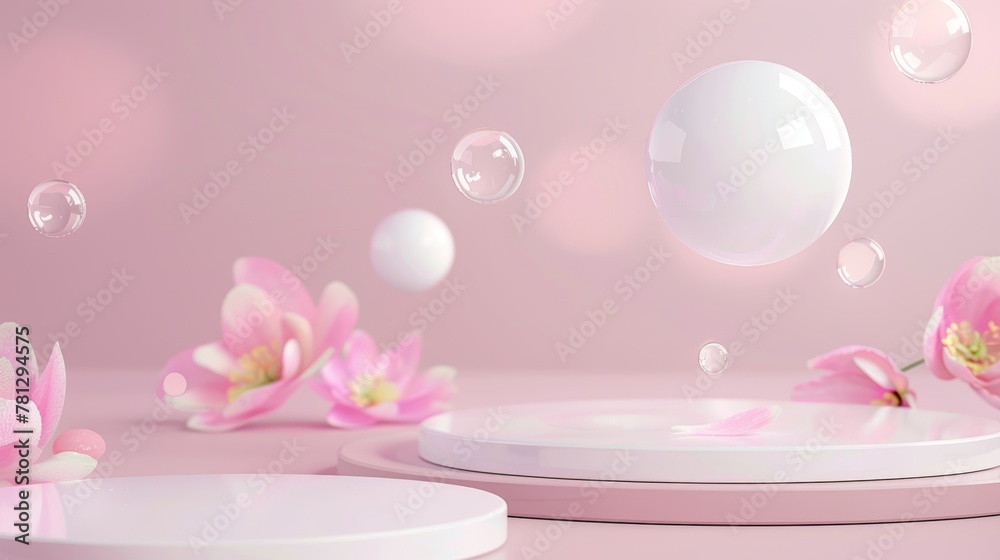 Poster an elegant cosmetic product display background with floating white spheres in 3d...