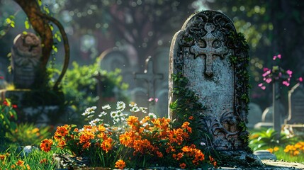 Obraz premium A serene cemetery scene featuring a tombstone with floral decorations.