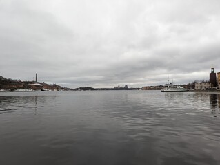 Silent waters against Stockholm skyline