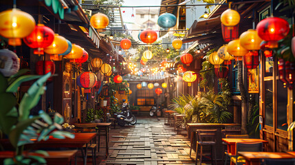 Traditional Asian Street Illuminated by Lanterns, Cultural Heritage and Nighttime Festivity, Vibrant Town Scene, Travel Exploration