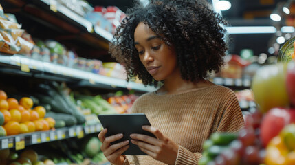Utilizing digital technology to make informed purchasing decisions on healthy food options within a retail environment. - obrazy, fototapety, plakaty
