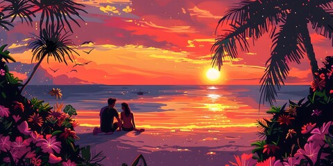 Couple enjoying a romantic getaway at the beach surrounded by tropical flowers and palm trees during sunset.