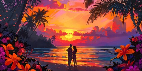 Couple relaxing at the beach during sunset surrounded by tropical flowers and palm trees.
