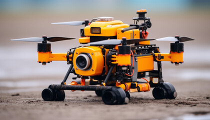 Professional yellow drone on sandy surface