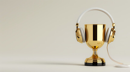 trophée en or avec un casque audio, vainqueur concours de musique - obrazy, fototapety, plakaty