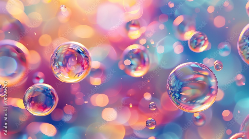 Poster holographic floating liquid blobs, soap bubbles, metaballs... abstract 3d art background.
