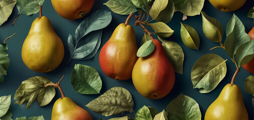 Vintage illustration of many ripe pears on flat lay background. Fruit pattern with pears and leaves