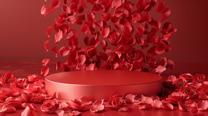 The podium backdrop features rose petals as a background. 3D rendering.