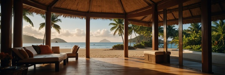 Fototapeta na wymiar tropical holidays in sunset beach resort island panoramic wide angle from Generative AI