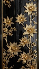 A black wall adorned with gold decorative patterns and flowers