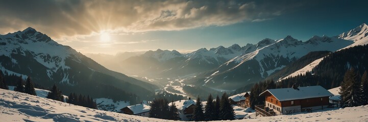 winter holidays in alps mountain range panoramic wide angle from Generative AI - obrazy, fototapety, plakaty