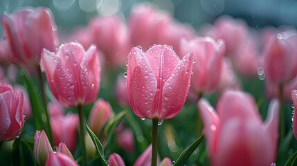 Morning Dew Pink Tulips Garden Awakening