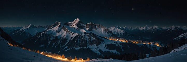 winter holidays in night alps mountain range panoramic wide angle from Generative AI - obrazy, fototapety, plakaty