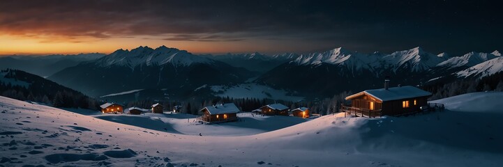 winter holidays in night alps mountain range panoramic wide angle from Generative AI
