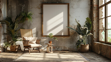 Aesthetic vintage room with mockup photo frame, evoking warmth and nostalgia