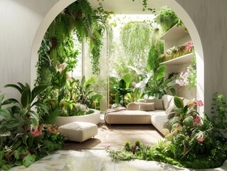 Indoor gardening oasis, lush greenery and blooming flowers, a breath of fresh air