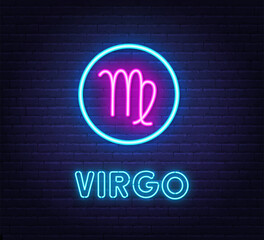 Neon Virgo Sign on brick wall background.