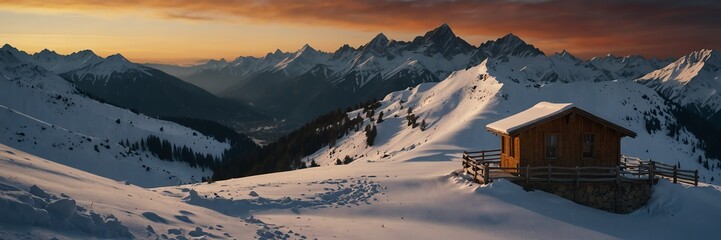 winter holidays in sunset snow mountain range panoramic wide angle from Generative AI - obrazy, fototapety, plakaty