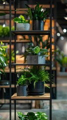 Elevate your design projects with this captivating stock image showcasing an assortment of vibrant indoor plants arranged on a sleek shelving unit in a contemporary setting.