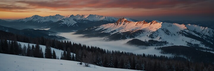winter holidays in sunset snow mountain range panoramic wide angle from Generative AI