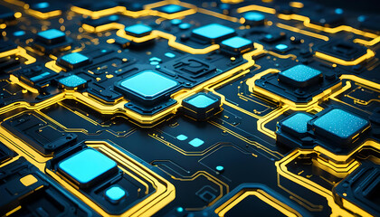 Technik Hintergrund Vorlage für technische Daten Analyse Überwachung Computer Chip Design Makro Prozessor Hardware Mikrochip Leiter Bauteile Platine hoch modern in blau gelb leuchtend fließende Ströme - obrazy, fototapety, plakaty