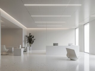 Minimalist design office space, clean lines, uncluttered elegance, focus and simplicity