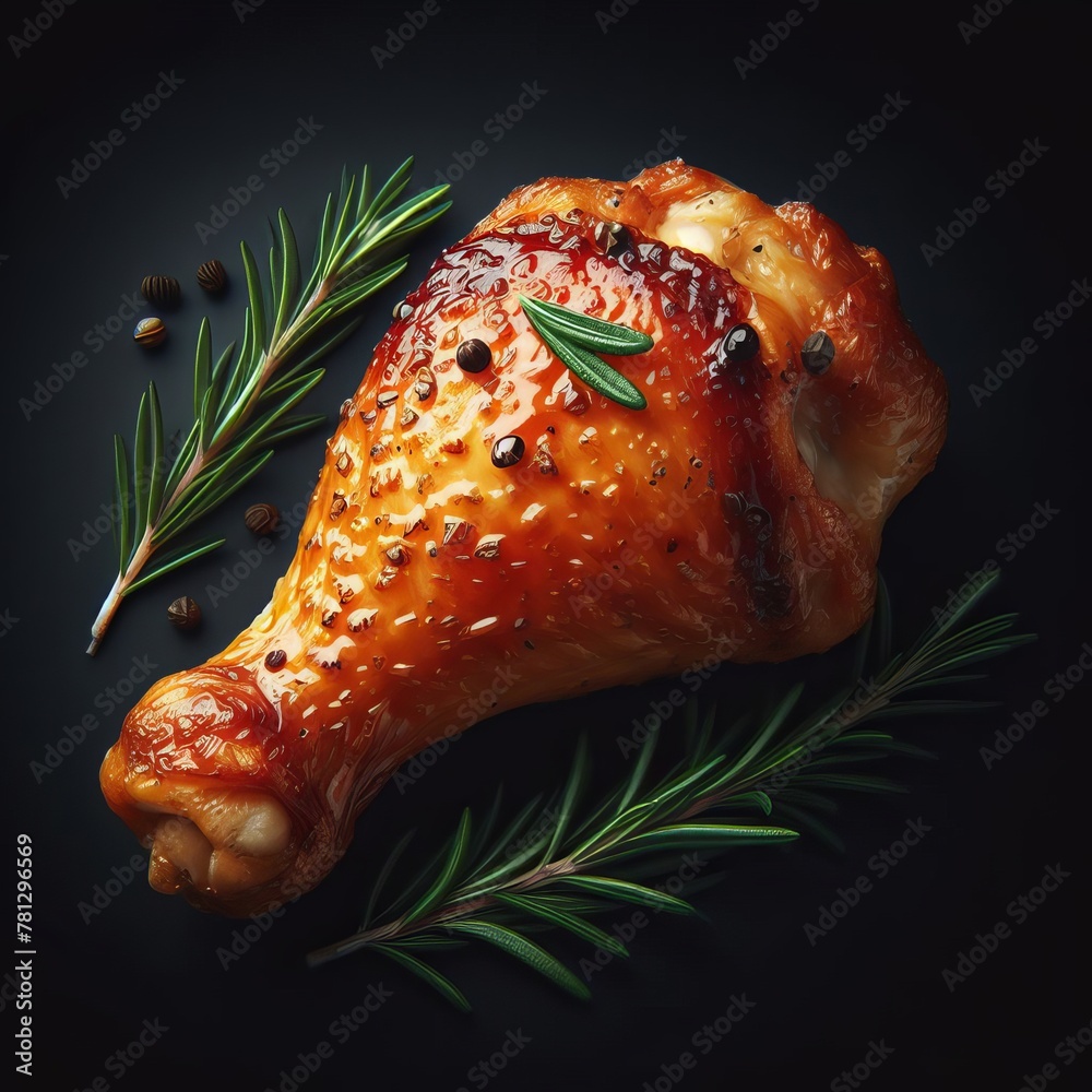 Wall mural roast chicken leg garnished isolated in black background. grill roast bbq chicken drumstick.