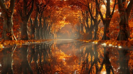 3D rendering of an abstract Autumn scene with a mirror-reflected Autumn forest.