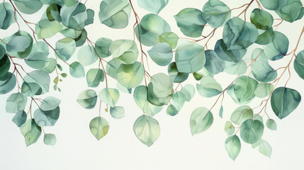 A tranquil watercolor painting of eucalyptus branches, conveying a sense of serenity and refreshment through delicate green leaves.
