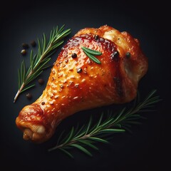 Roast chicken leg garnished isolated in black background. Grill roast bbq chicken drumstick. - obrazy, fototapety, plakaty