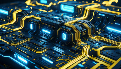 Technik Hintergrund Vorlage für technische Daten Analyse Überwachung Computer Chip Design Makro Prozessor Hardware Mikrochip Leiter Bauteile Platine hoch modern in blau gelb leuchtend fließende Ströme